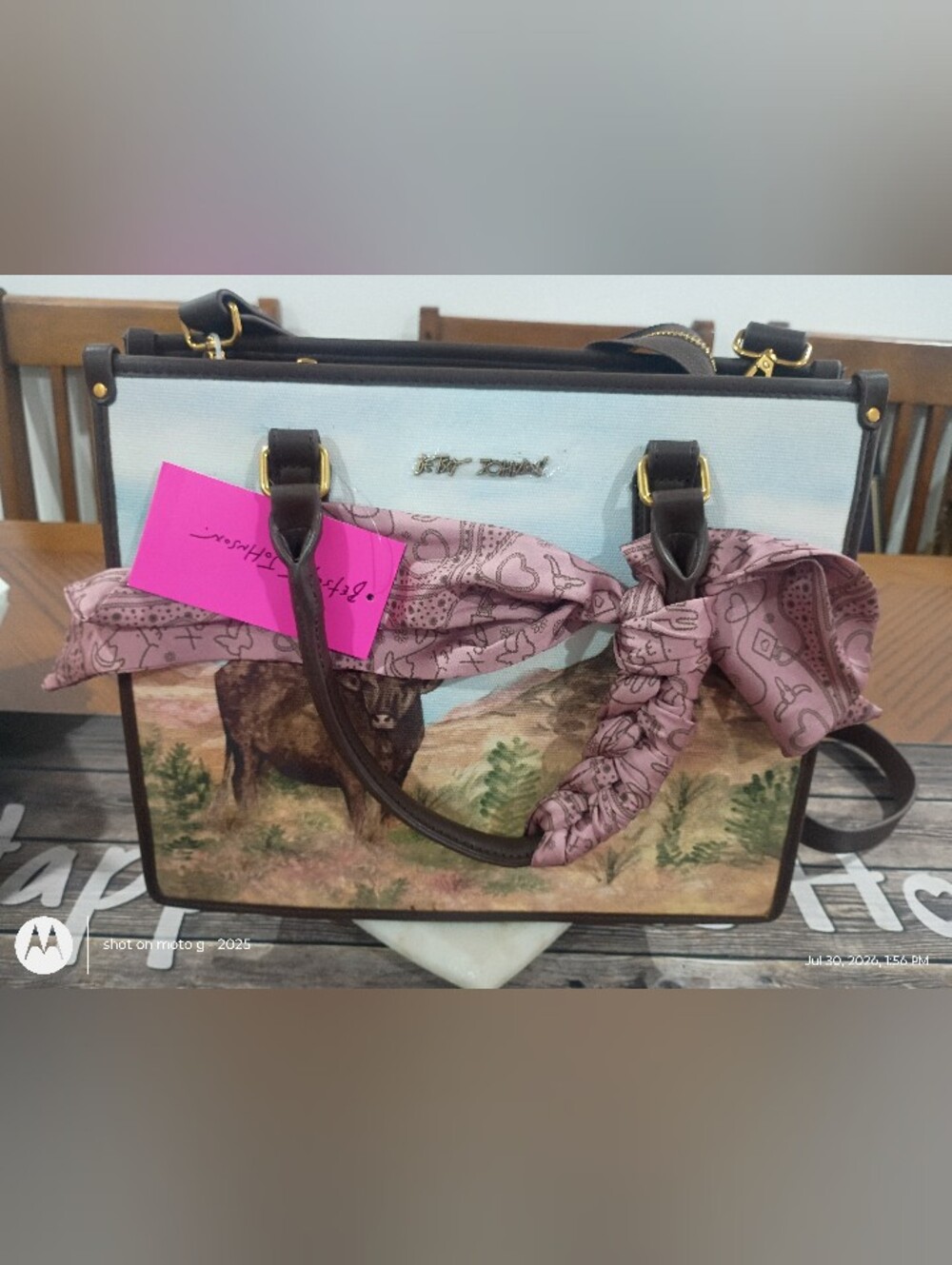 Betsey Johnson Brown and Pink Western Longhorn Print Tote with Scarf